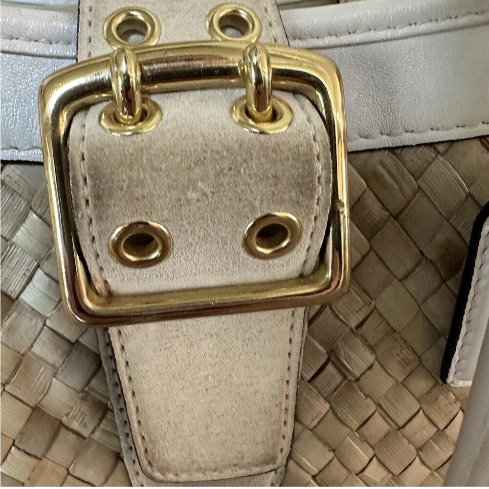 Coach Vintage Hampton Basket Weave Straw Suede Leather Satchel Tan White 4419 - Picture 3 of 9